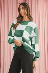 Green Checkered Bishop Sleeve Pullover Sweater - Femstylo