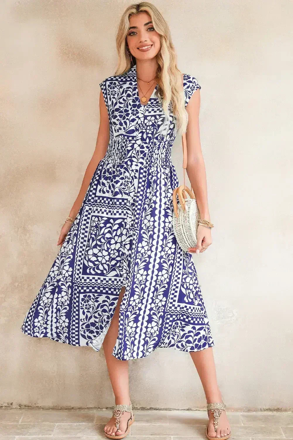 Dirty Blue Floral Print Smocked Waist Sleeveless Dress - Femstylo