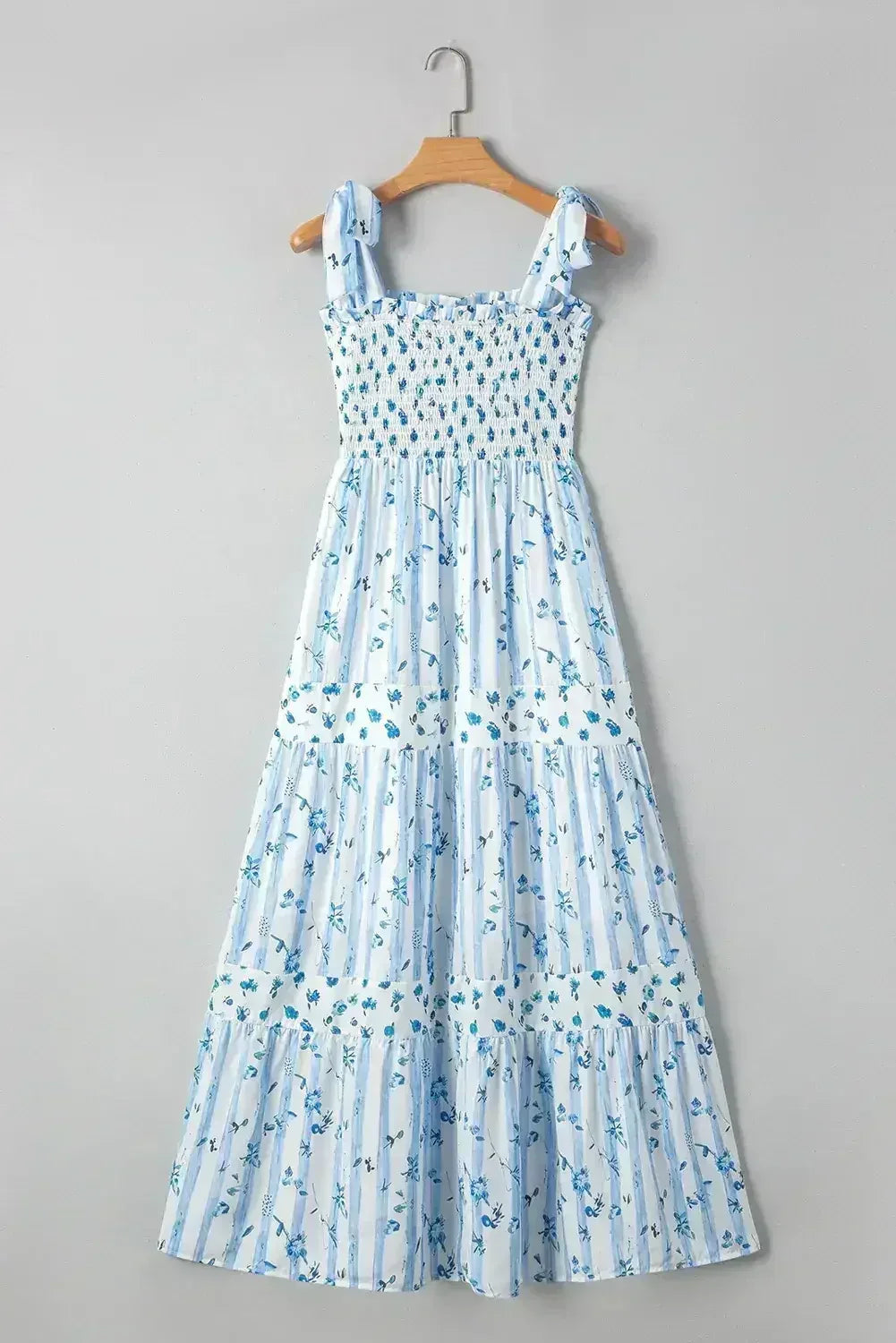 Sky Blue Floral Smocked A-Line Tie Straps Maxi Dress - Femstylo
