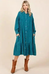 Mittoshop Mineral Wash Cotton Gauze Ruffle Midi Shirt Dress - Femstylo