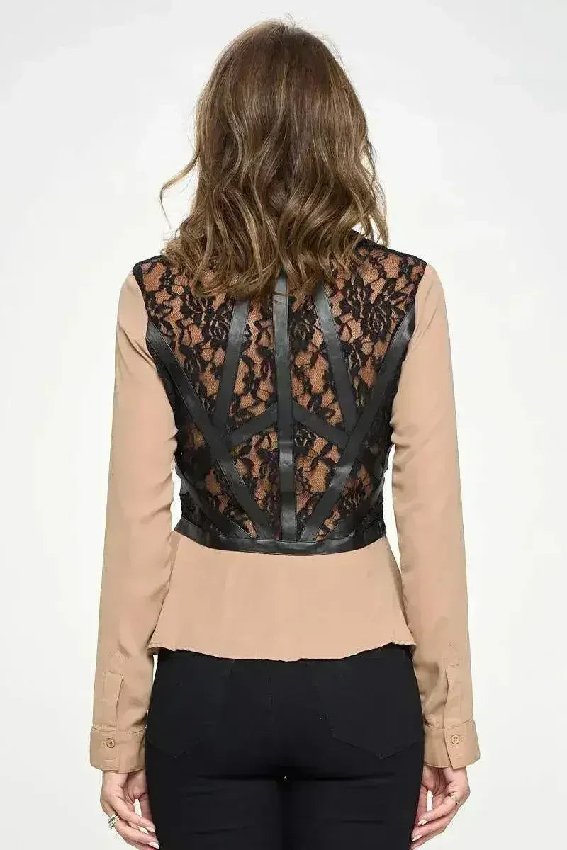 Chic Sheer Lace Peplum Blouse with Faux Leather Accents - Femstylo