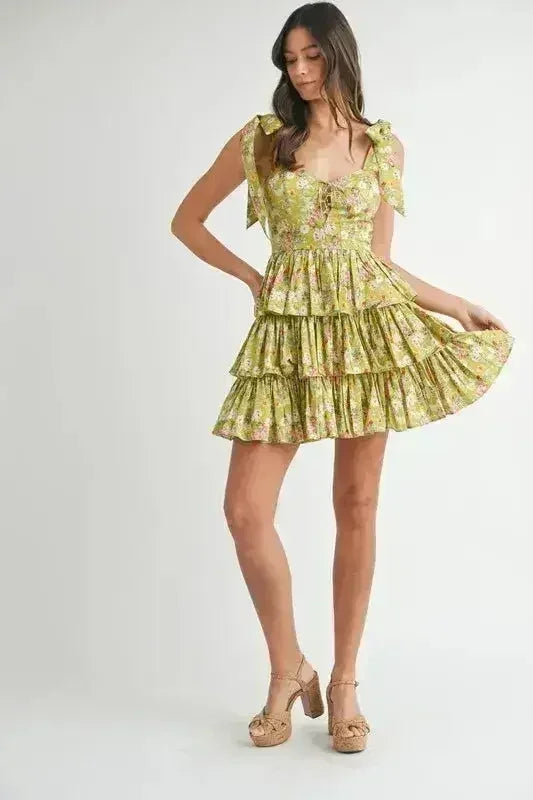 MABLE Floral Mini Dress – Adjustable Shoulder Tie Layered Design - Femstylo