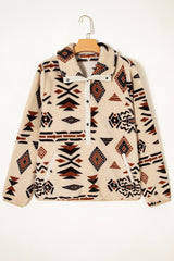 Beige Vintage Geometric Half Zip Plush Sweatshirt