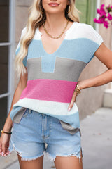 Multicolour Colorblock Notch V Neck Knit T Shirt
