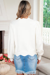 White Floral Embroidered Scallop Hem Cropped Sweater