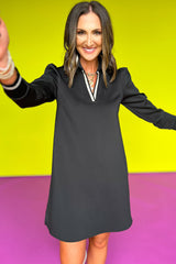 Black Striped Trim V Neck Collared Puff Sleeve Mini Dress