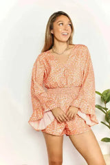 Double Take Printed Flare Sleeve Surplice Romper - Femstylo