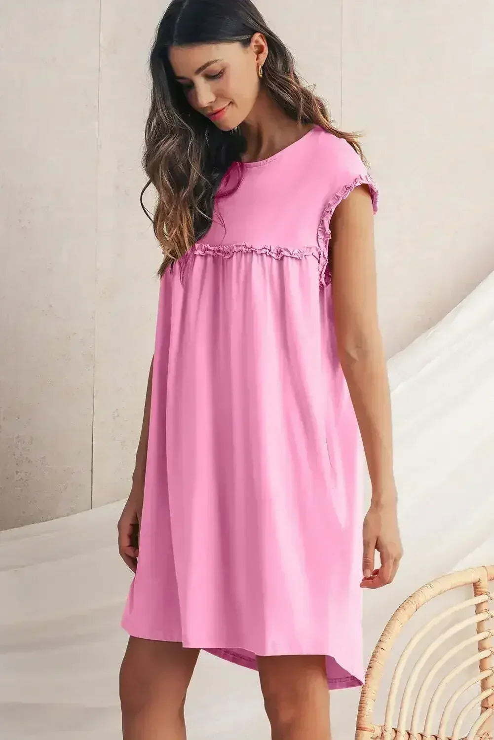 Oatmeal Frilled Trim Crewneck Loose Fit Mini Dress - Femstylo