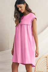 Oatmeal Frilled Trim Crewneck Loose Fit Mini Dress - Femstylo