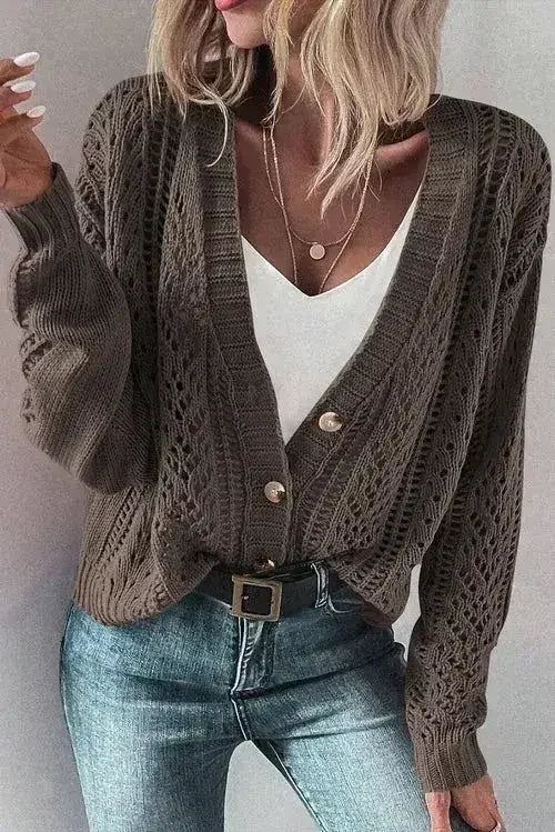 Dark Khaki Cardigan – Open Knit Drop Shoulder Sweater | Cotton-Acrylic Blend - Femstylo