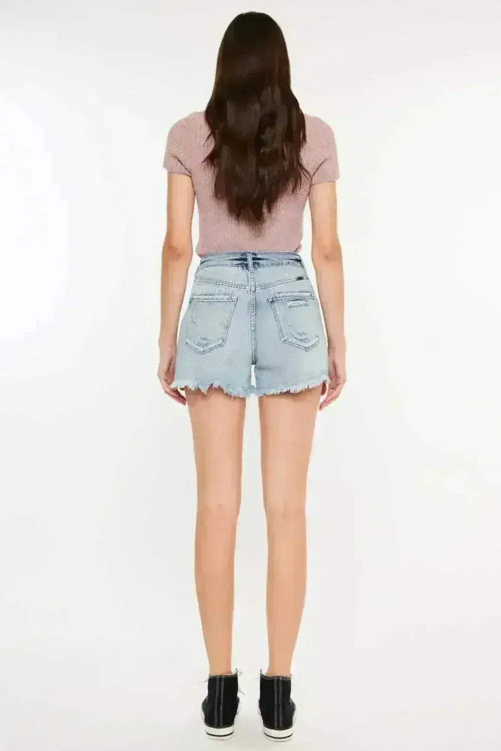 Kancan Distressed High Waist Denim Shorts with Pockets - Femstylo