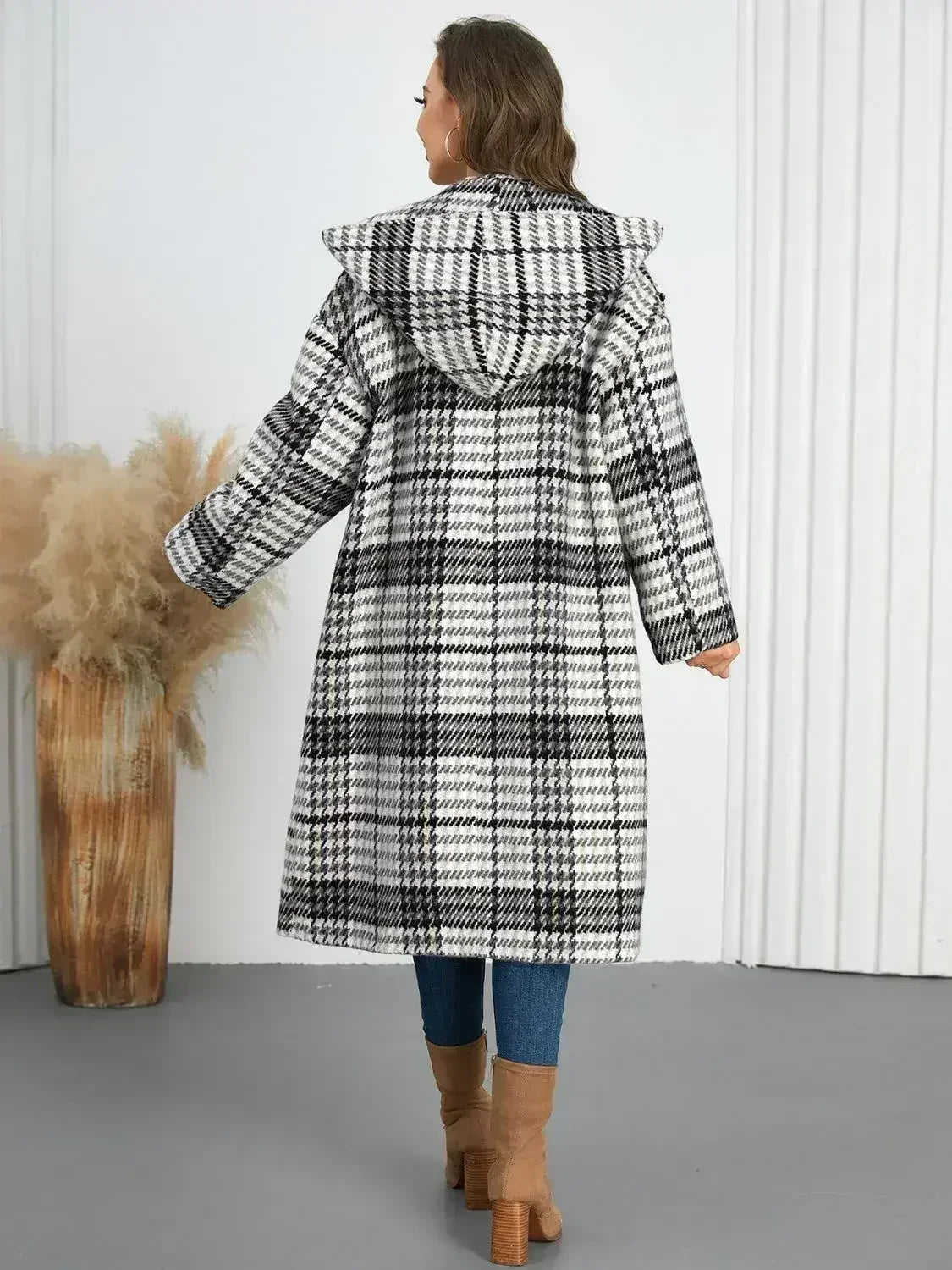 Plaid Double-Breasted Long Sleeve Longline Coat - Femstylo