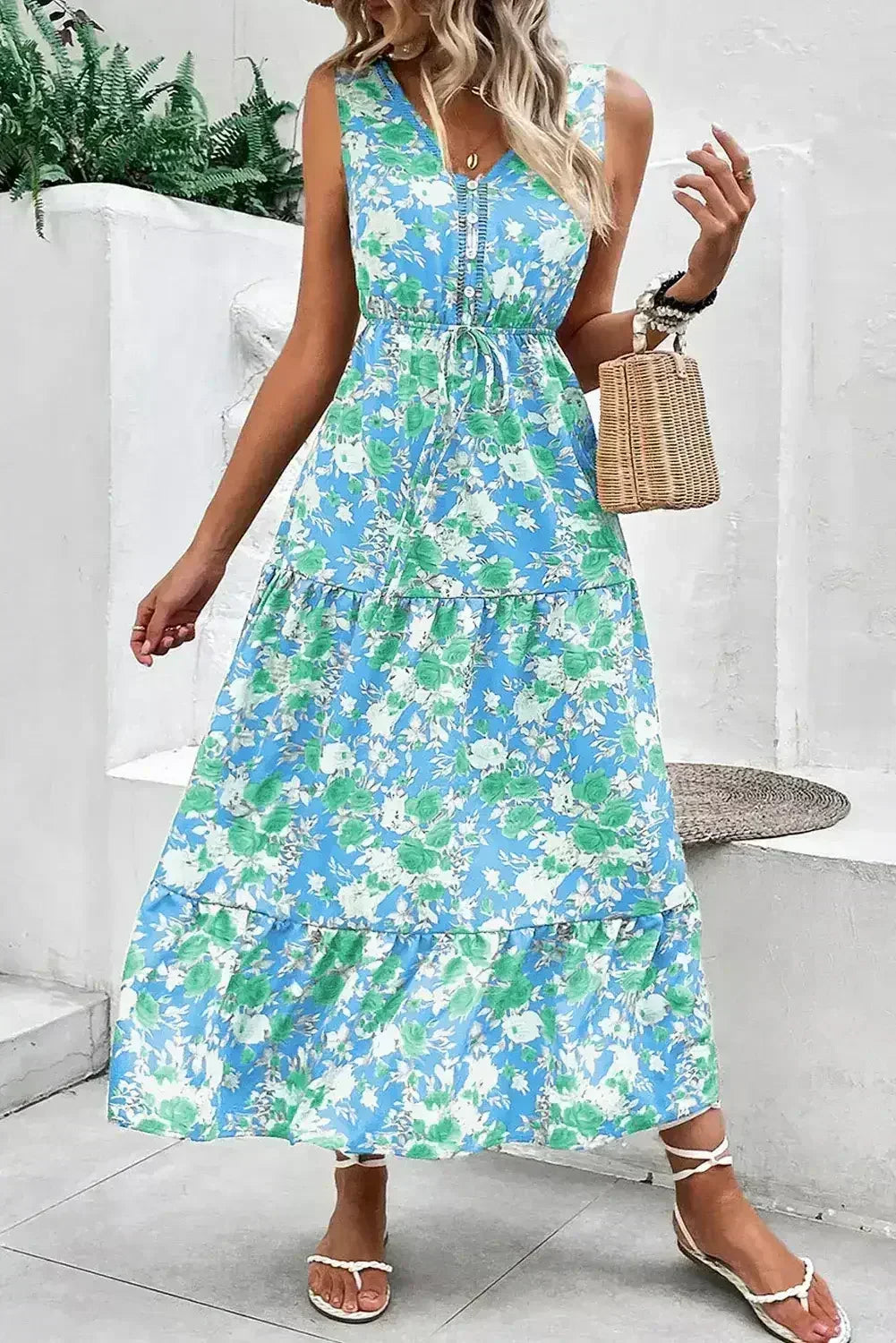 Green Floral Print Trimmed V Neck Sleeveless Vacation Dress - Femstylo