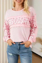 Pink Leopard Patchwork Waffle Top - Edgy Knitwear | Femstylo - Femstylo