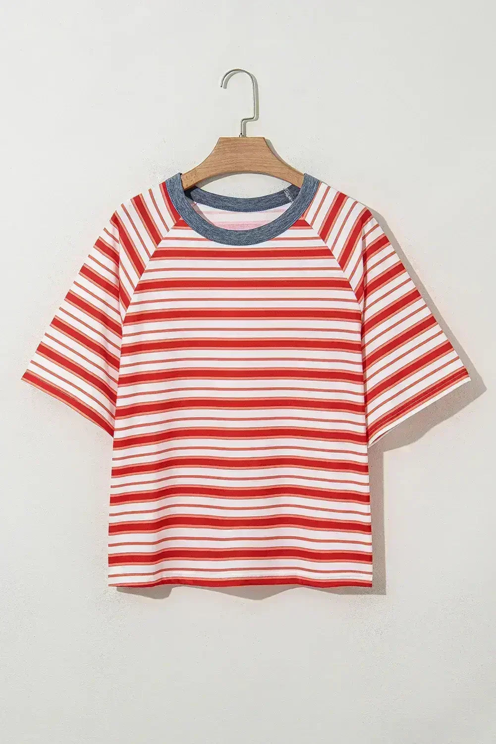Tomato Red Striped Raglan Sleeve Contrast Neck T-Shirt - Femstylo