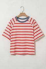 Tomato Red Striped Raglan Sleeve Contrast Neck T-Shirt - Femstylo