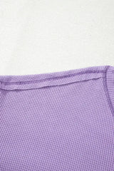 Blue Exposed Seam Drop Sleeve V Neck Waffle Textured Top - Femstylo