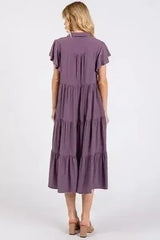 Mittoshop Ruffle Sleeve Collared V Neck Tiered Midi Dress - Femstylo