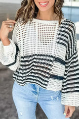 White Striped Lantern Sleeve Hollow Knitted Sweater - Femstylo