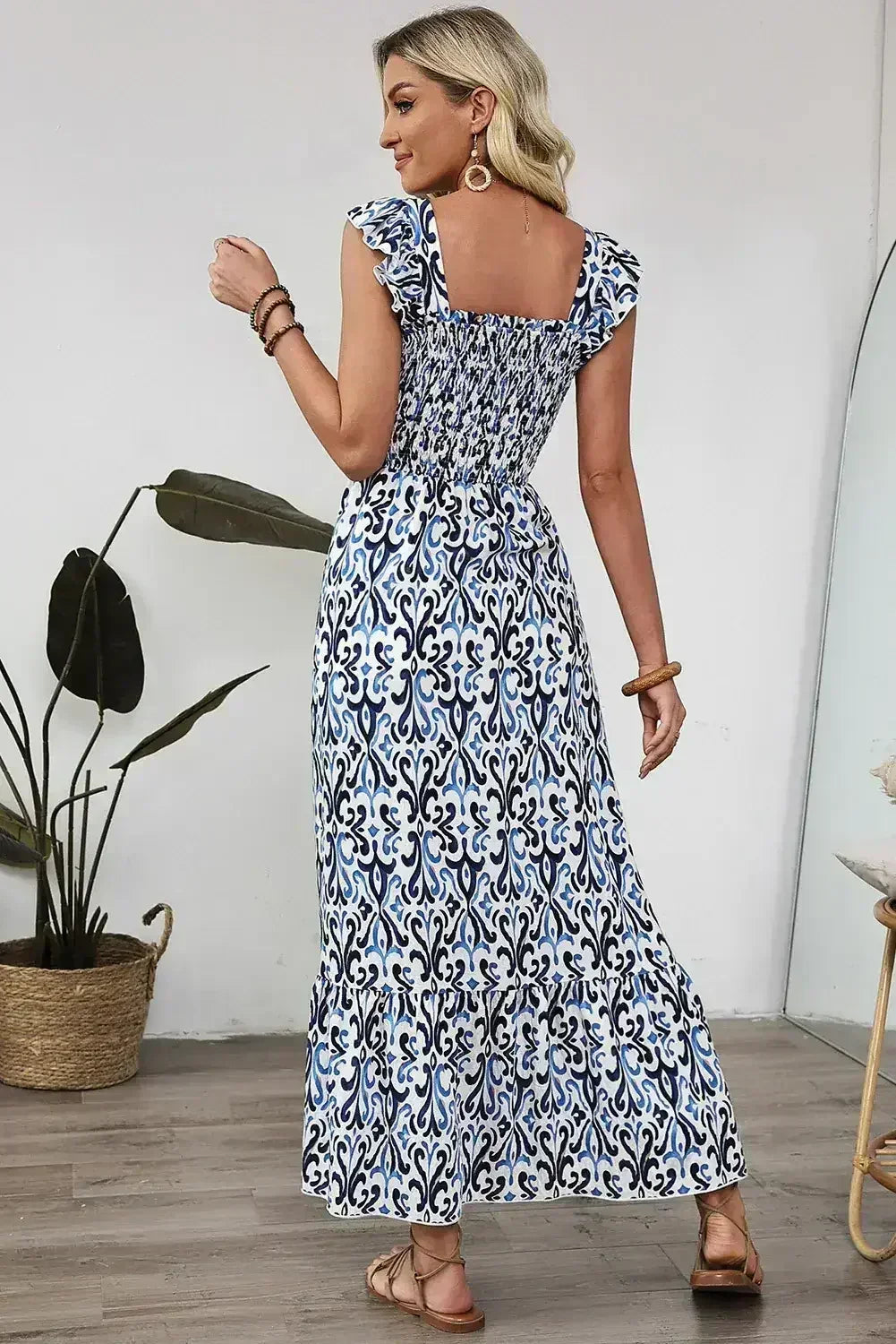 Sky Blue Boho Print Smocked High Waist Maxi Dress - Femstylo