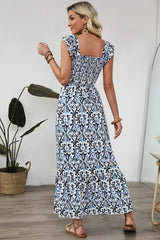 Sky Blue Boho Print Smocked High Waist Maxi Dress - Femstylo