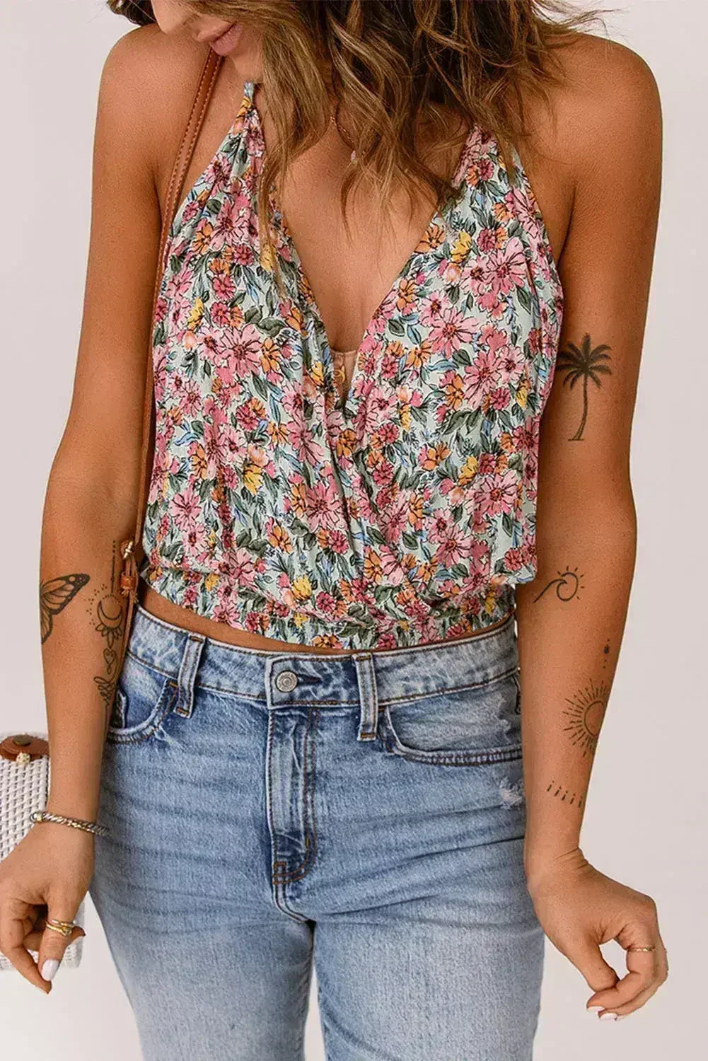 Multicolor Wrapped V Neck Floral Tank Crop Top - Femstylo