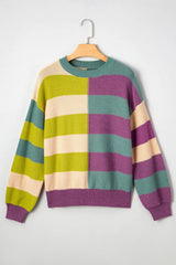 Green Stripe Colorblock Drop Shoulder Ribbed Edge Sweater