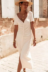 Beige V Neck Ruched Button Front French T-shirt Dress - Femstylo