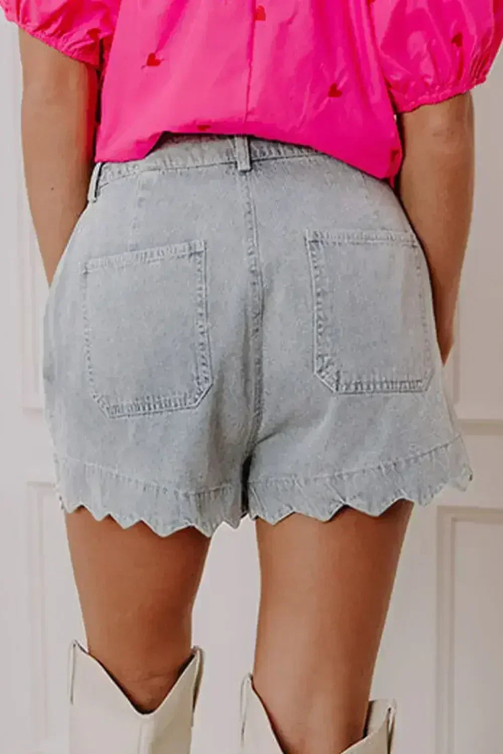 Sail Blue Scalloped Hemline Light Wash Denim Shorts - Femstylo