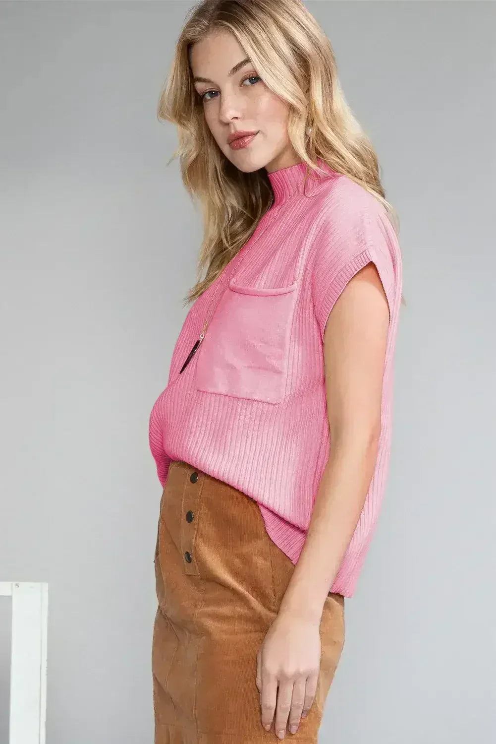 Mineral Red Patch Pocket Ribbed Knit Short Sleeve Sweater - Femstylo