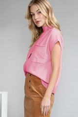 Mineral Red Patch Pocket Ribbed Knit Short Sleeve Sweater - Femstylo