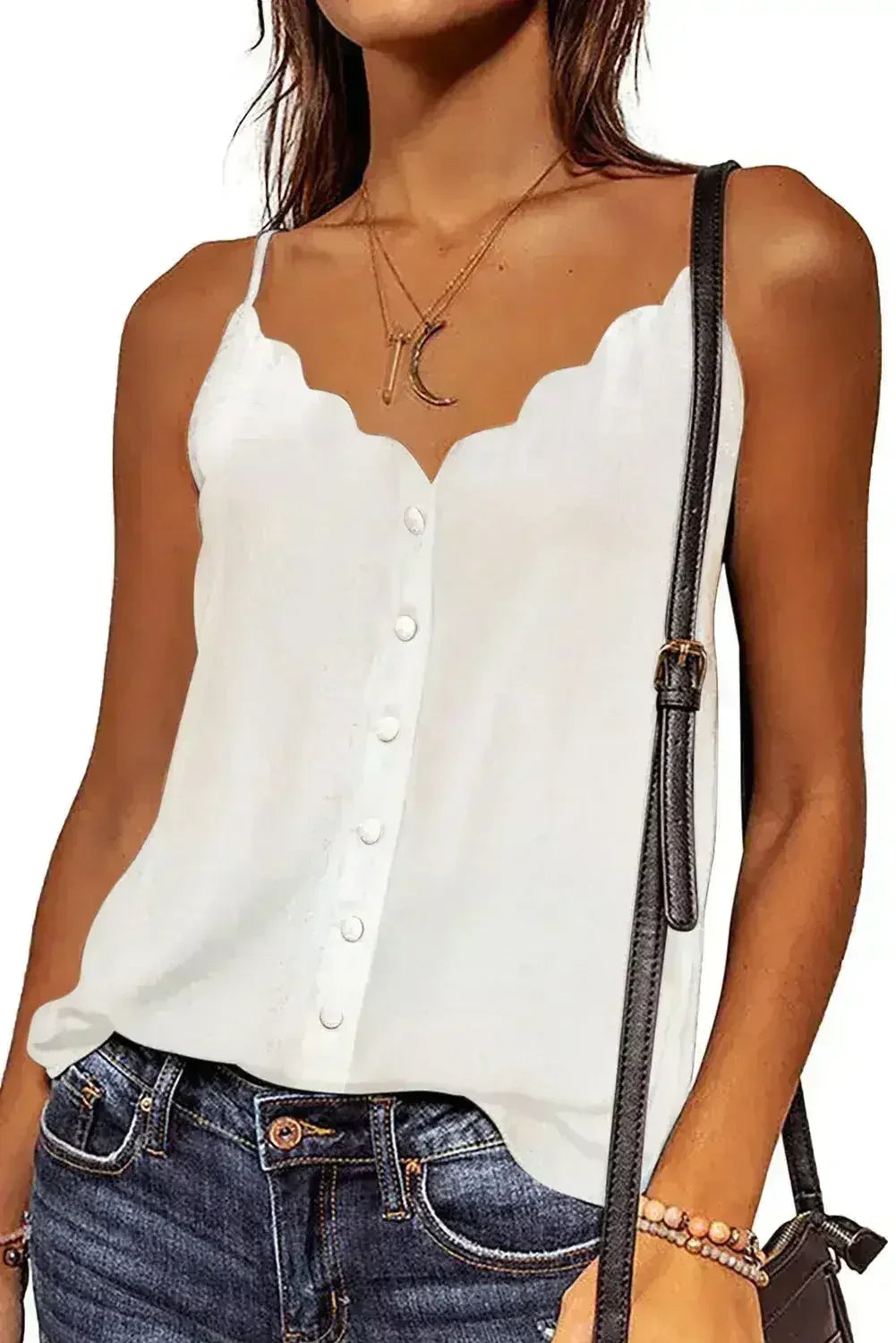 White Spaghetti Straps Buttoned V Neck Vest - Femstylo