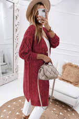 Red Button Up Hollow Out Loose Long Cardigan