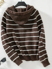 Striped Button Up Long Sleeve Hooded Cardigan - Femstylo