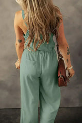 Moss Green Knotted Straps Button Textured Drawstring Jumpsuit - Femstylo