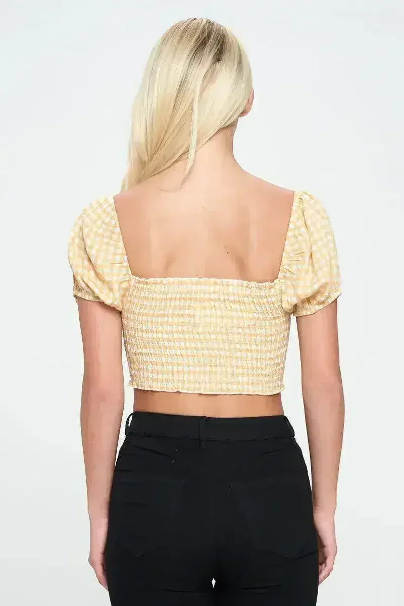 Gingham Smocked Crop Top with Puff Sleeves - Femstylo
