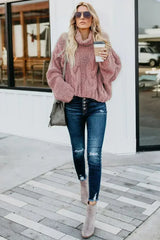 Winter Pink Cuddle Weather Cable Knit Handmade Turtleneck Sweater - Femstylo