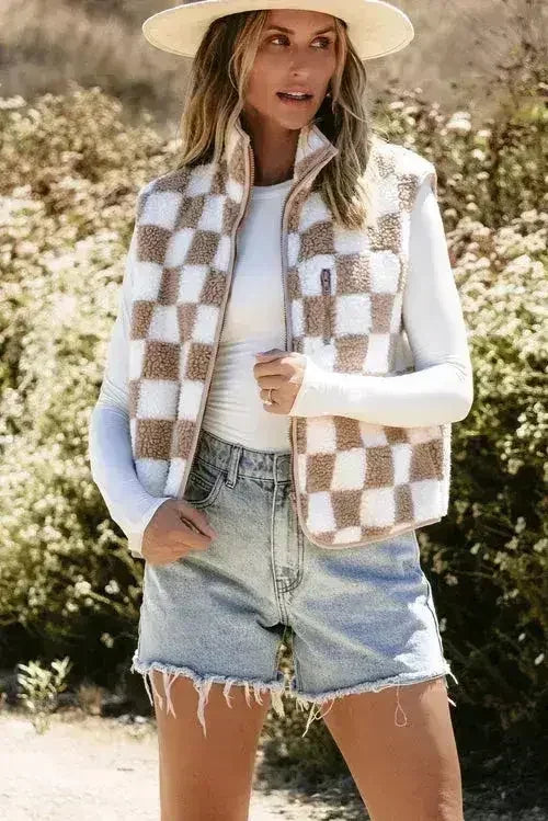 Khaki Checkered Sherpa Collared Jacket Vest - Femstylo