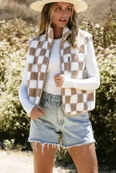 Khaki Checkered Sherpa Collared Jacket Vest - Femstylo