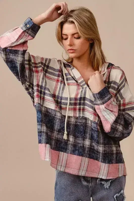 BiBi Drawstring Plaid Drop Shoulder Hoodie - Femstylo