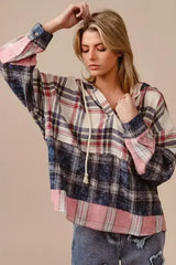 BiBi Drawstring Plaid Drop Shoulder Hoodie - Femstylo