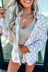 Khaki Checkerboard Shacket | Button Front Flap Pocket Jacket -Femstylo