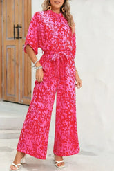 Rose Leopard Print Tulip Sleeve Belted Wide Leg Jumpsuit - Femstylo