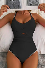 Rose Red Ric Rac Trim Colorblock Cutout One Piece Swimsuit - Femstylo