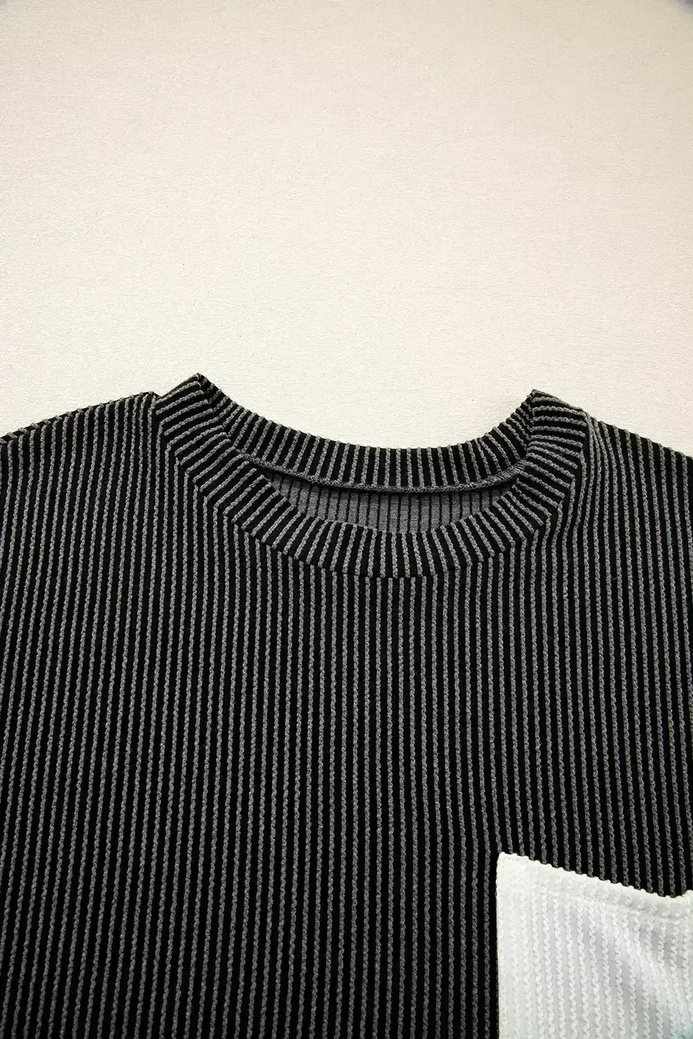 Pink Corded Colorblock Pocket Crew Neck T Shirt - Femstylo