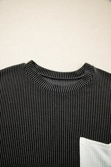 Pink Corded Colorblock Pocket Crew Neck T Shirt - Femstylo