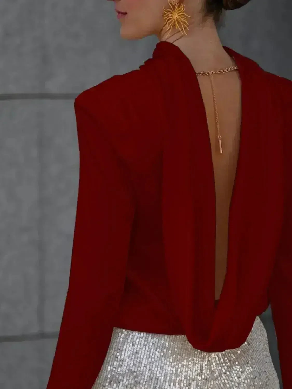 Backless Cowl Neck Long Sleeve Blouse – Elegant & Stylish | Femstylo - Femstylo