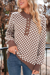 Dark Brown Plaid Contrast Trim Button Neck Sweater - Femstylo