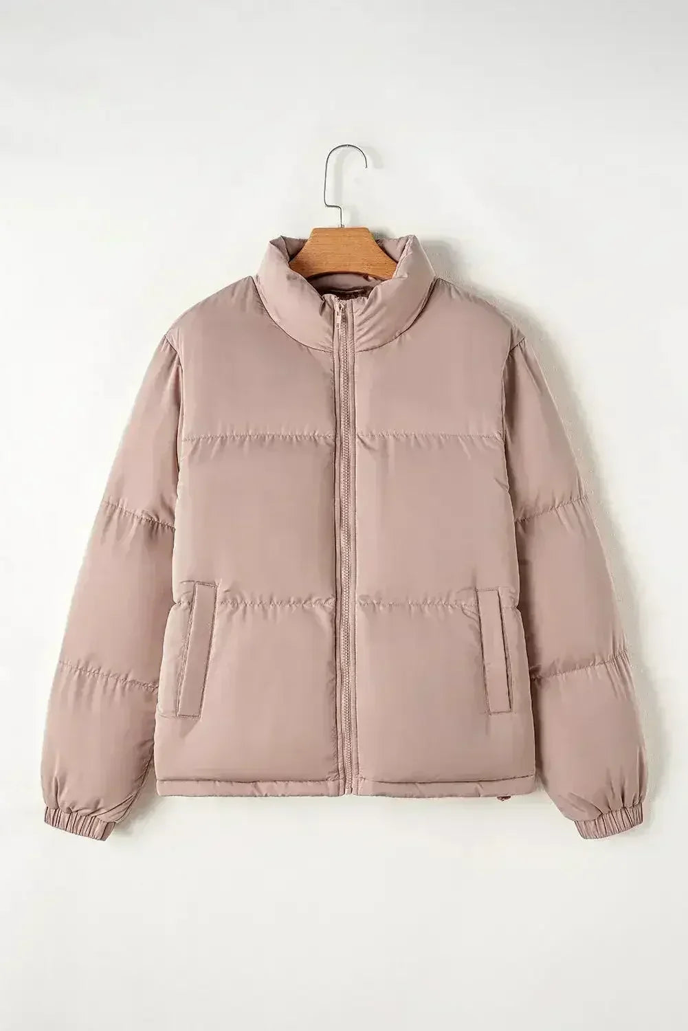 Apricot Pink Full Zipper Quilted Puffer Jacket - Femstylo