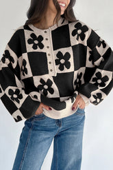 Black Flower Colorblock Checkered Henley Sweater